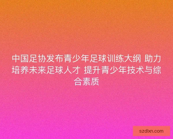 中国足协发布青少年足球训练大纲 助力培养未来足球人才 提升青少年技术与综合素质